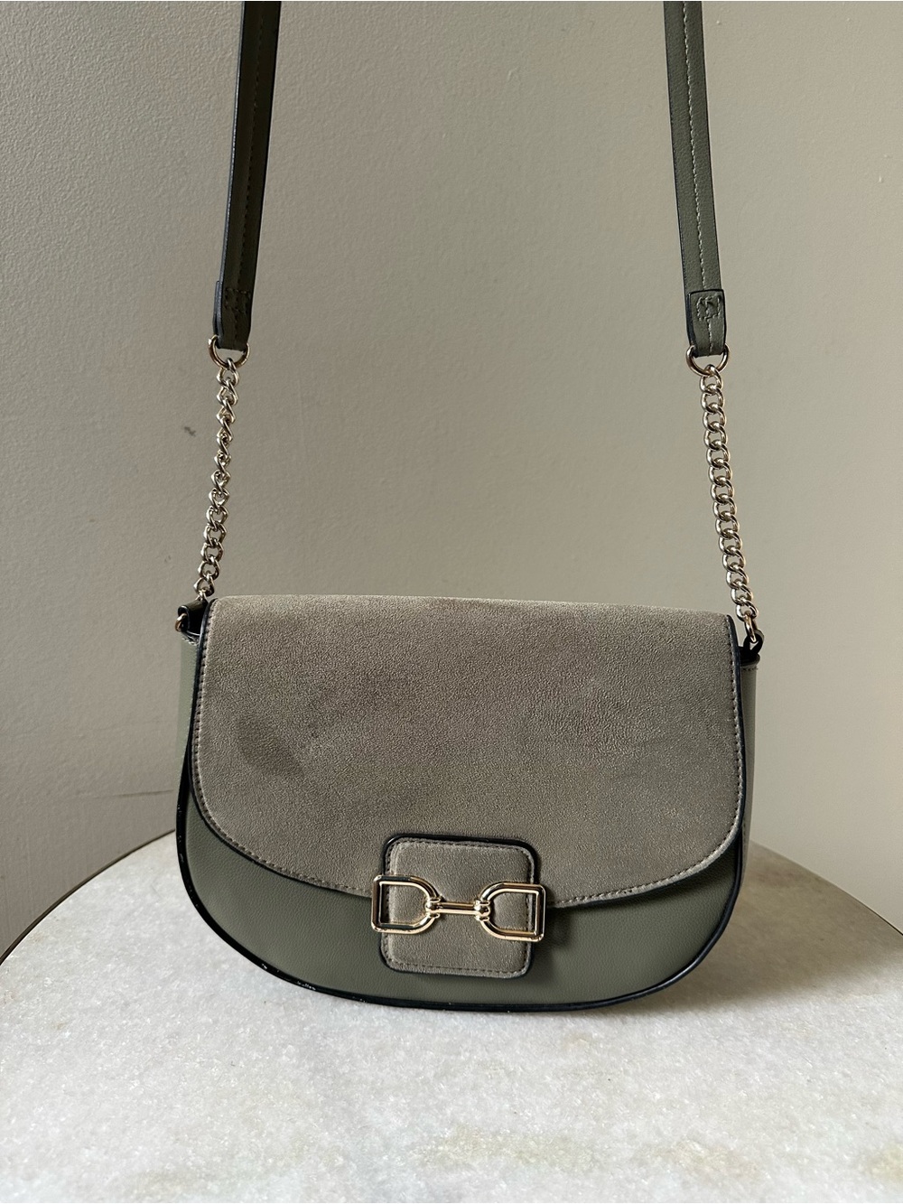 H&M Olive Green Equestrian Crossbody Bag Imitation Suede Flap Horse Bit Clasp